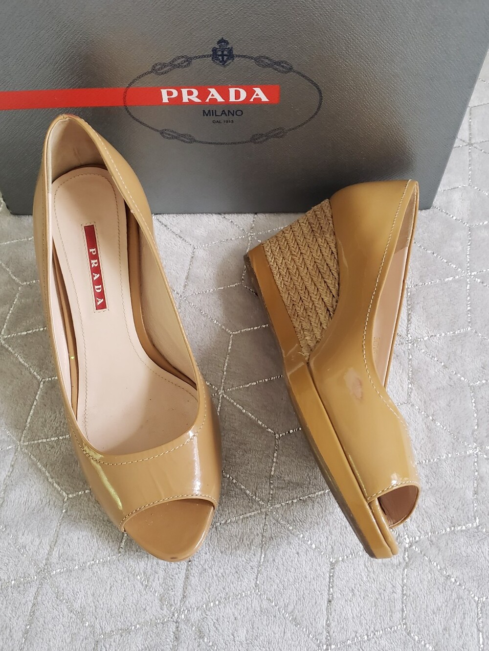 PRADA | Nude Patent Leather Wedge Sandal